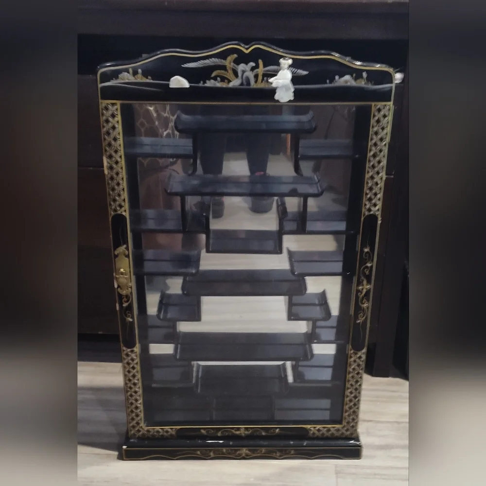 Vintage Oriental Style Black, Ivory And Gold Wall Display Shelf